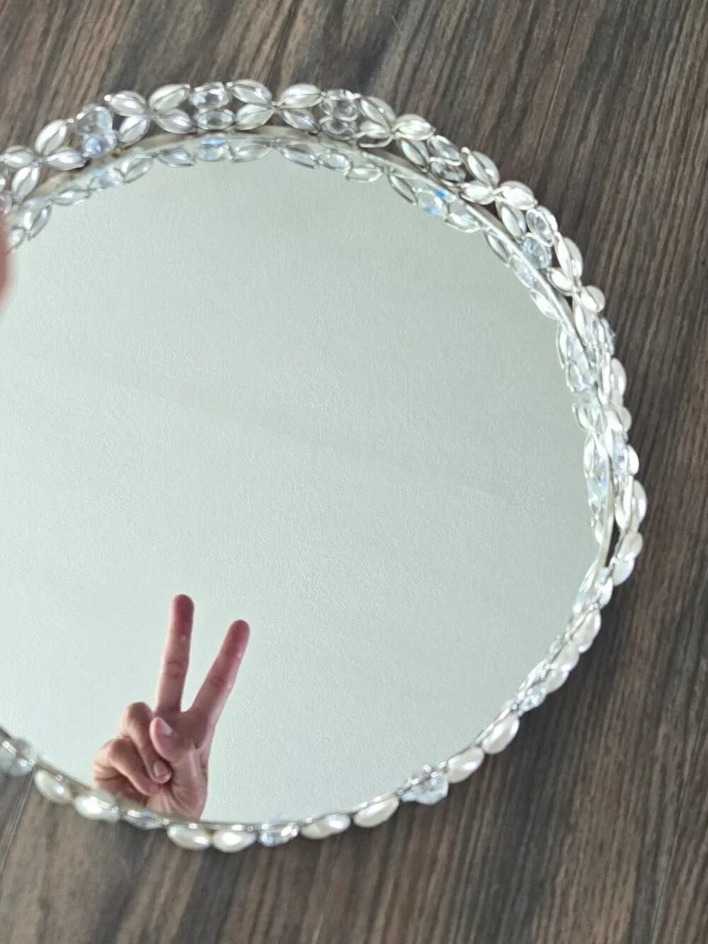 Round Mirrored Decorative Tray w/ Faux Pearls & Crystals NWOT